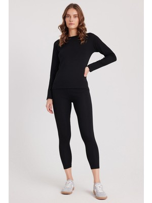 Aesco Tudors Kadın Slim Fit Termal Alt Üst Takım, Bisiklet Yaka, Siyah