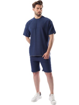 Aesco Madmext Lacivert Nakış Detaylı Erkek Şort T-Shirt Takım E7305,LACIVERT S