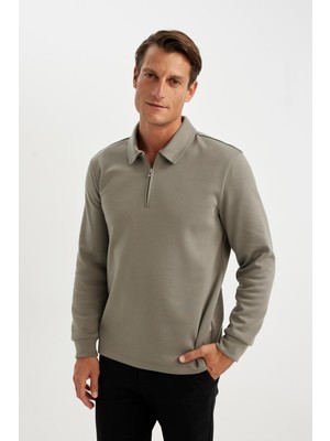 Aesco Defacto Regular Fit Polo Yaka Yarım Fermuarlı Basic Düz Sweatshirt D2279AX24AU