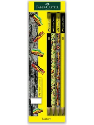 Aesco Faber-Castell Doğa Konsept Hb Kurşun Kalem Seti, 4 Kalem ve 1 Silgi Içerir, Doğa Temalı