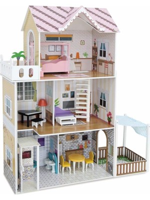 Aesco Vardem 3 Katlı 15 Parça Aksesuarlı Ev Seti, 120 x 104 x 36,4 cm Büyük Oyun Evi, Mobilyalı ve Aksesuarlı Çocuk Evcilik Oyuncak Seti, Bebek Evi ve Rol Yapma Oyuncağı TX1195