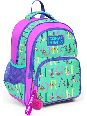 Aesco Coral High Kids Su Yeşili Açık Pembe Monogram Desenli Üç Bölmeli Okul Sırt Çantası 14410