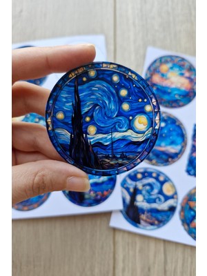 Aesco Kolbi Craft 12 Adet Vitray Van Gogh Sticker Seti Bullet Journal Laptop Termos Scrapbook Renkli Cam Yuvarlak