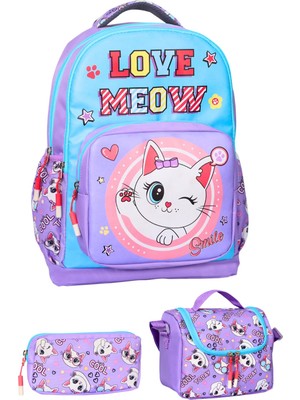 Aesco Kız Okul Çantası 3lü Set (Mor_mavi_kedi)