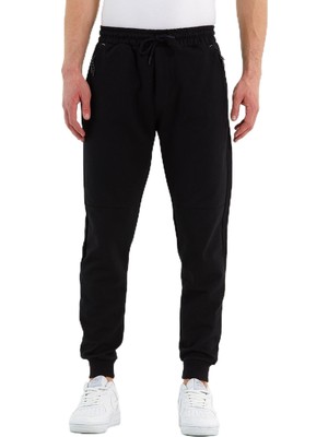 Aesco By Comeor Erkek Slim Fit Jogger Cep Nakış Fermuar Detaylı Eşofman Altı (Siyah, M)