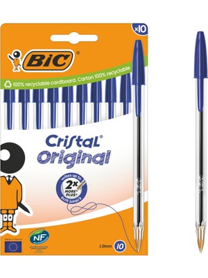 Aesco Bıc Cristal Orijinal Tükenmez Kalem, Orta Uçlu (1,00 Mm), Altıgen Şaft ve Uygun Kapaklı - Mavi, Her Biri 10 Adet Karton Kutu