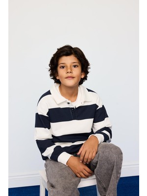 Aesco Defacto Polo Yaka Çizgili Sweatshirt Erkek Çocuk F5750A825AU