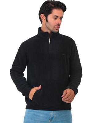 Aesco Slazenger Solıd In Erkek Fermuarlı Dik Yaka Cepli Siyah Polar