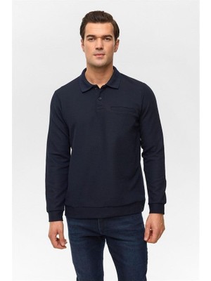 Aesco Lacivert Regular Düz Fermuarlı Polo Yaka Sweatshirt