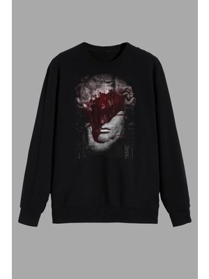 Aesco Tarzsokak Mitoloji Renkli Heykel Baskılı Siyah Sweatshirt, Siyah, S