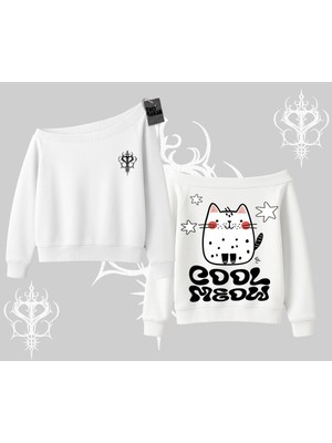 Aesco Tarzsokak Cool Meow Yazılı Sevimli Kedi Arka Baskılı Kayık Yaka Sweatshirt, Beyaz, L