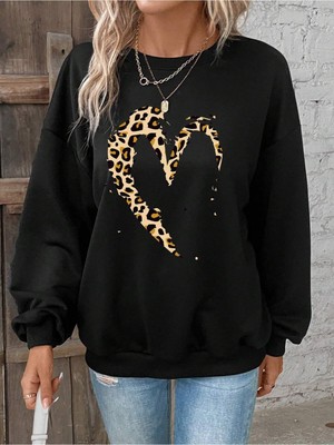 Aesco Tarzsokak Kod Adr-Shen Lune Leopard & Heart Print Drop Shoulder Sweatshirt Siyah, Black, S/m