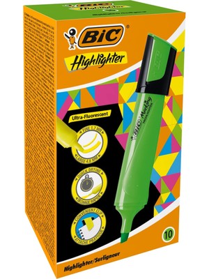 Aesco Bıc Marking Flat Highlighter Fosforlu Kalem 10'lu Kutu Yeşil