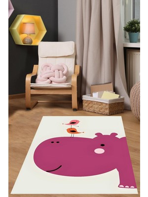 Die Grup Pelangi Beyaz Zemin Hipopotam Modern Yıkanabilir Kaymaz Taban Leke Tutmaz Çocuk Odası Halısı, Fuşya-Turuncu-Pembe-Beyaz 100 x 200, 7642014910020005