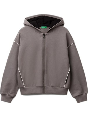 Aesco United Colors Of Benetton Kız Çocuk Antrasit Kontrastlı Logo Etiketli Kapüşonlu Fermuarlı Oversize Sweatshirt