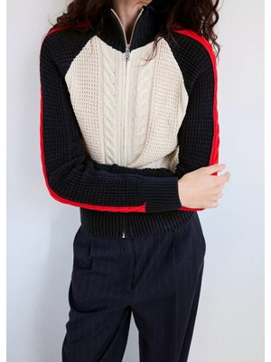 Mango Cable-Knit Cardigan With Contrasting Stripes