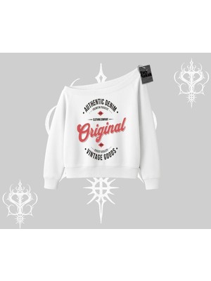 Aesco Tarzsokak Kayık Yaka Sweatshirt Authentic Denim Original, Beyaz, M