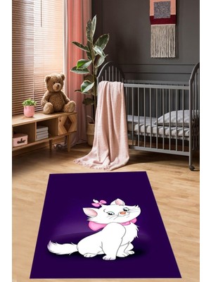 Die Grup Pelangi Kedili Halı Kedi Desenli Renkli Dijital Baskı Yıkanabilir Kaymaz Taban Bebek ve Çocuk Odası Halısı, Mor 180 x 280