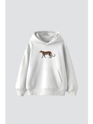 Aesco Tarzsokak Walking Leopard Baskılı Oversize Unisex Premium Beyaz, BEYAZ-209, M
