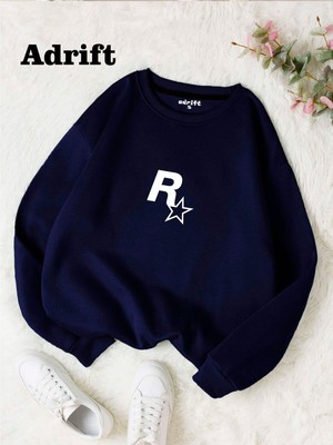 Aesco Tarzsokak Unisex Rockstar Baskılı Bisiklet Yaka Sweatshirt Lacivert, Lacivert, M