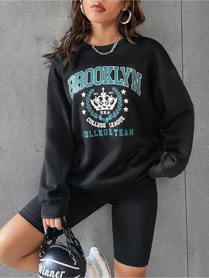 Aesco Tarzsokak Kadın Brooklyn Baskılı Oversize Bisiklet Yaka Sweatshirt Siyah, Siyah, L