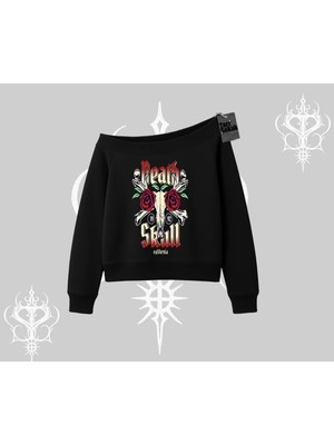 Aesco Tarzsokak Kayık Yaka Sweatshirt Skull & Roses Vintage West Coast Rebellion, Siyah, L