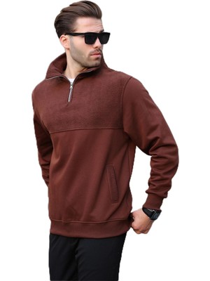 Aesco Madmext Acı Kahverengi Dik Yaka Yarım Fermuarlı Polar Sweatshirt 7096,ACI Kahverengi 2xl