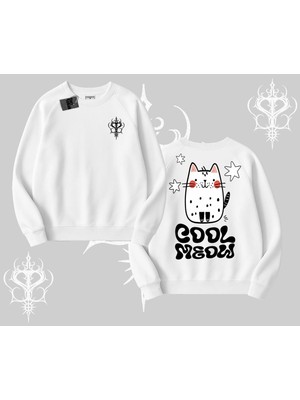 Aesco Tarzsokak Cool Meow Yazılı Sevimli Kedi Arka Baskılı Biskilet Sweatshirt, Beyaz, M