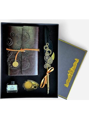 Aesco Senon Steampunk Tüy Kalem Seti Dişli Tasarımlı Doldurulabilir Divitli Deri Defter Mürekkep Şişesi ve Tüylü Divit Seti Özel Tasarım Hediyelik (Siyah)