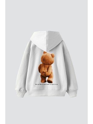 Aesco Tarzsokak Bear Sırt Baskılı Oversize Unisex Beyaz, BEYAZ-178, M