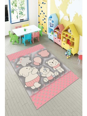Die Grup Pelangi Pembe Sevimli Hayvan Desenli Yıkanabilir Kaymaz Taban Leke Tutmazbebek ve Çocuk Odası Halısı, Pembe 160 x 300