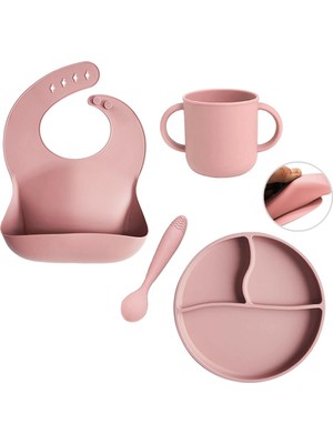 Die Grup Meleni Baby 4'lü Silikon Beslenme Seti - Silikon Mama Önlüğü Mama Kaşığı Kulplu Bardak Vakum Tabanlı Tabak Pembe