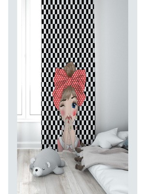 Die Grup Pelangi Siyah Beyaz Şaşkın Kız Desenli Dijital Baskı Yıkanabilir Bebek Çocuk Odası Fon Perdesi, Siyah-Beyaz 140 x 270