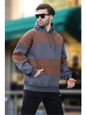 Aesco Madmext Füme Kapüşonlu Renk Bloklu Cep Detaylı Erkek Sweatshirt 7044,FÜME M