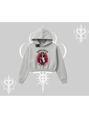 Aesco Tarzsokak Kapşonlu Crop Sweatshirt Hard Rock Winged Guitar Rebellion, Gri, M