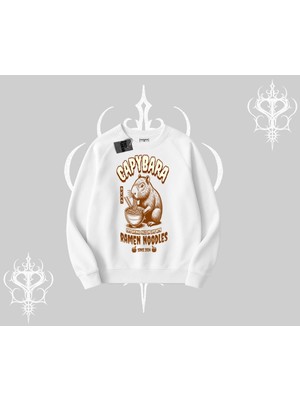 Aesco Tarzsokak Biskilet Sweatshirt Cute Capybara Enjoying Ramen Noodles Artwork, Beyaz, Xl