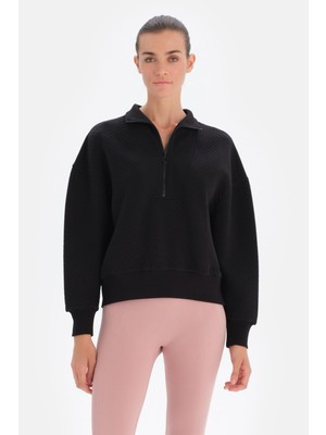Aesco Dagi Kadın Kadın Fermuar Yaka Kapitone Sweatshirt, Pamuklu, Örme, Siyah, M, 366