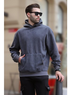 Aesco Madmext Füme Kapüşonlu Cep Detaylı Polar Erkek Sweatshirt 7093,GRI M