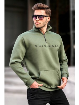 Aesco Madmext Haki Fermuar Yaka Nakışlı Sweatshirt 6028,HAKI S