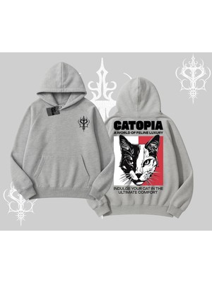 Aesco Tarzsokak Modern Kedi Temalı Arka Baskılı Kapşonlu Sweatshirt, Gri, M