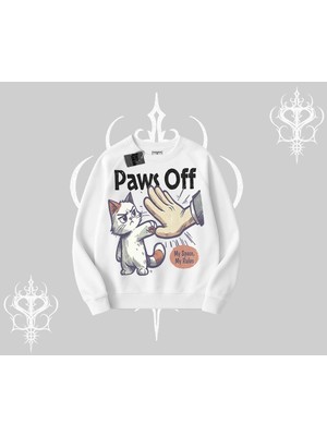 Aesco Tarzsokak Paws Off Yazılı Kedi Baskılı Streetwear Biskilet Sweatshirt, Beyaz, M