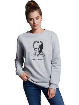 Aesco Qivi K Atatürk Imza 1881 1938 Baskılı Beyaz Kadın Örme Sweatshirt Uzun Kol P12644S4427, M