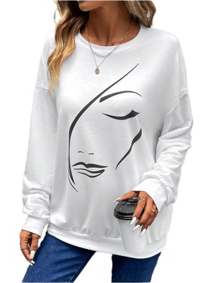 Aesco Tarzsokak Kod Adr-Shen Lune Figure Graphic Drop Shoulder Sweatshirt Beyaz, White, S/m