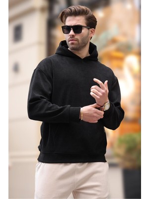 Aesco Madmext Siyah Kapüşonlu Cep Detaylı Dokulu Sweatshirt E7101,SIYAH L