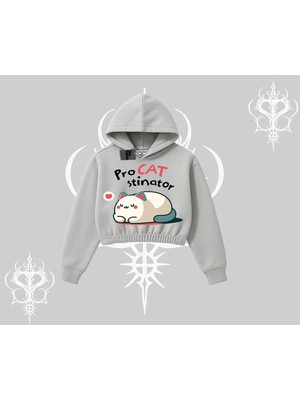 Aesco Tarzsokak Paws Off Yazılı Kedi Baskılı Streetwear Kapşonlu Crop Sweatshirt, Beyaz, M