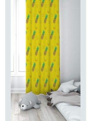 Die Grup Pelangi Sarı Ananas Desenli Dijital Baskı Yıkanabilir Bebek Çocuk Odası Fon Perdesi, Sarı 140 x 270