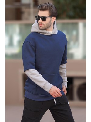 Aesco Madmext Lacivert Kapüşonlu Cep Detaylı Erkek Sweatshirt 7071,LACIVERT L
