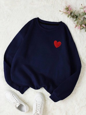 Aesco Tarzsokak Unisex Kadın/erkek Kalp Baskılı Sweat, Lacivert, S