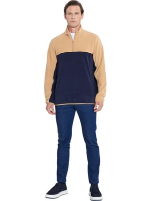Aesco Ac&co / Altınyıldız Classics Standart Fit Dik Yaka Içi Polarlı Çift Renk Polar Sweatshirt, Renk Karamel-Laci, Beden L
