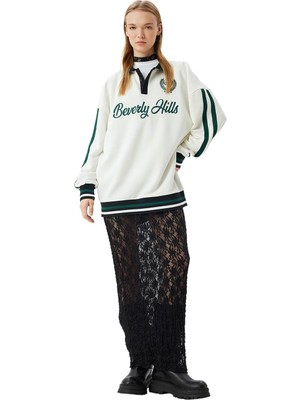 Aesco Koton Polo Yaka Sweatshirt Oversize Kolej Işlemeli Şerit Detaylı Düğmeli Şardonlu